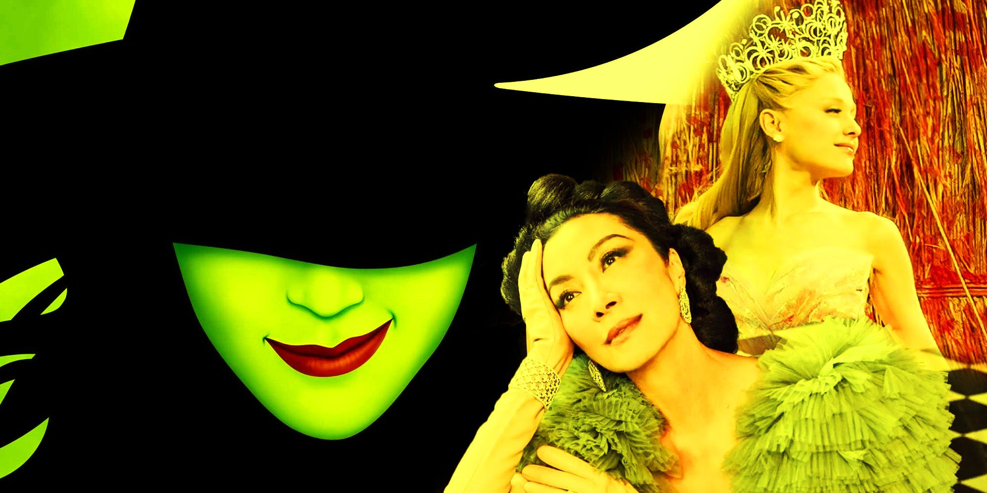 Wicked Witch iconography of the Witch pasted with Michelle Yeoh and Ariana Grande in Wicked