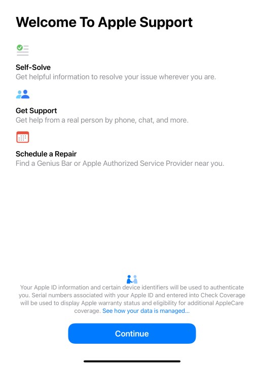 İlk kez kullananlar için Apple Destek uygulaması karşılama ekranı, uygulamanın ne yaptığını açıklıyor.
