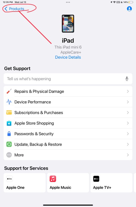 Apple Destek uygulaması ile "ürünler" sol üst köşede kırmızı daire içine alınmıştır.