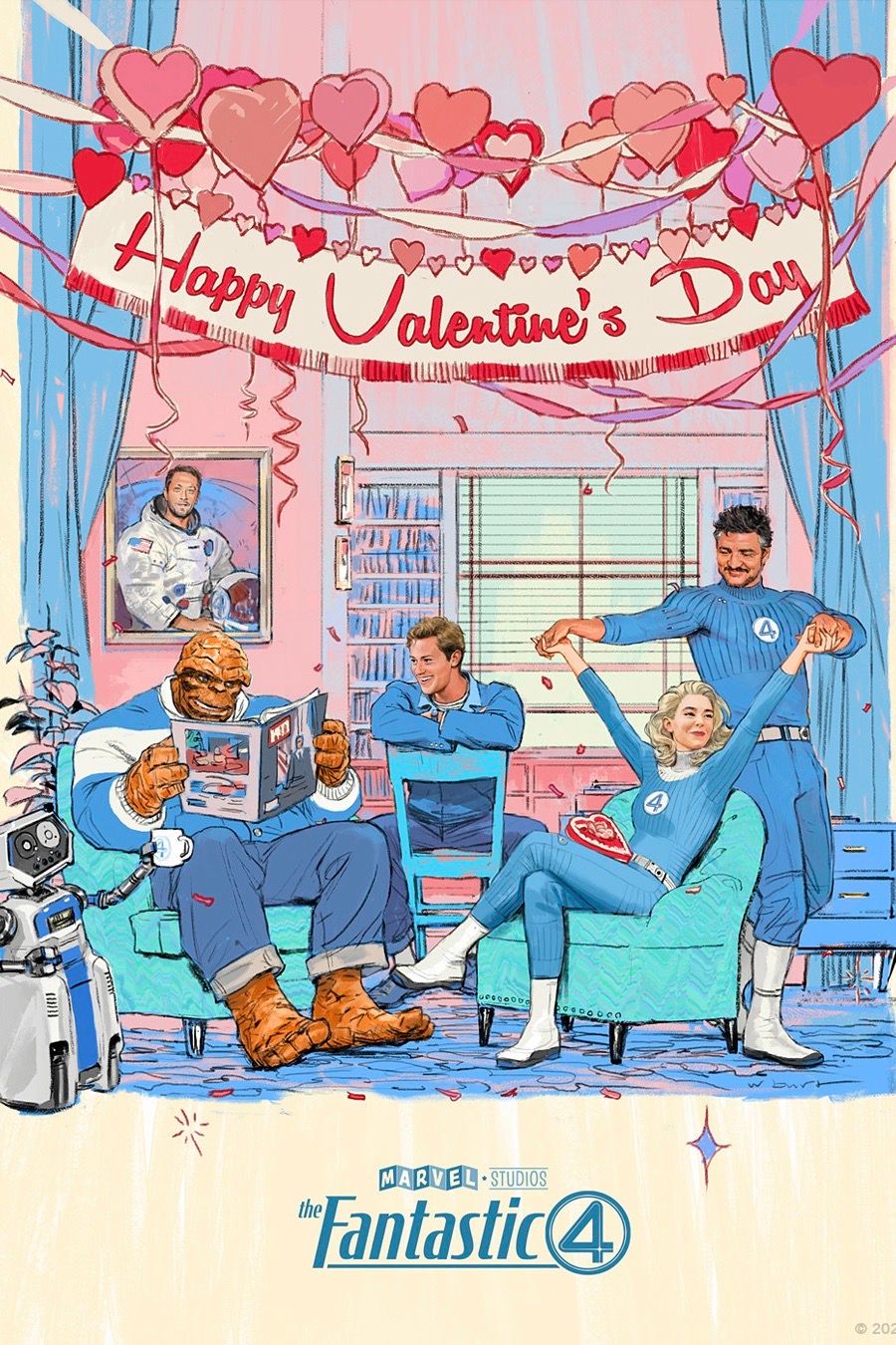 Fantastic Four Valentine's Day Poster 2025 with Pedro Pascal, Vanessa Kirby, Ebon Moss-Bachrach and Joseph Quinn