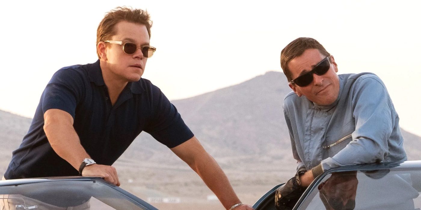 Matt Damon and Christian Bale watch Ford v Ferrari