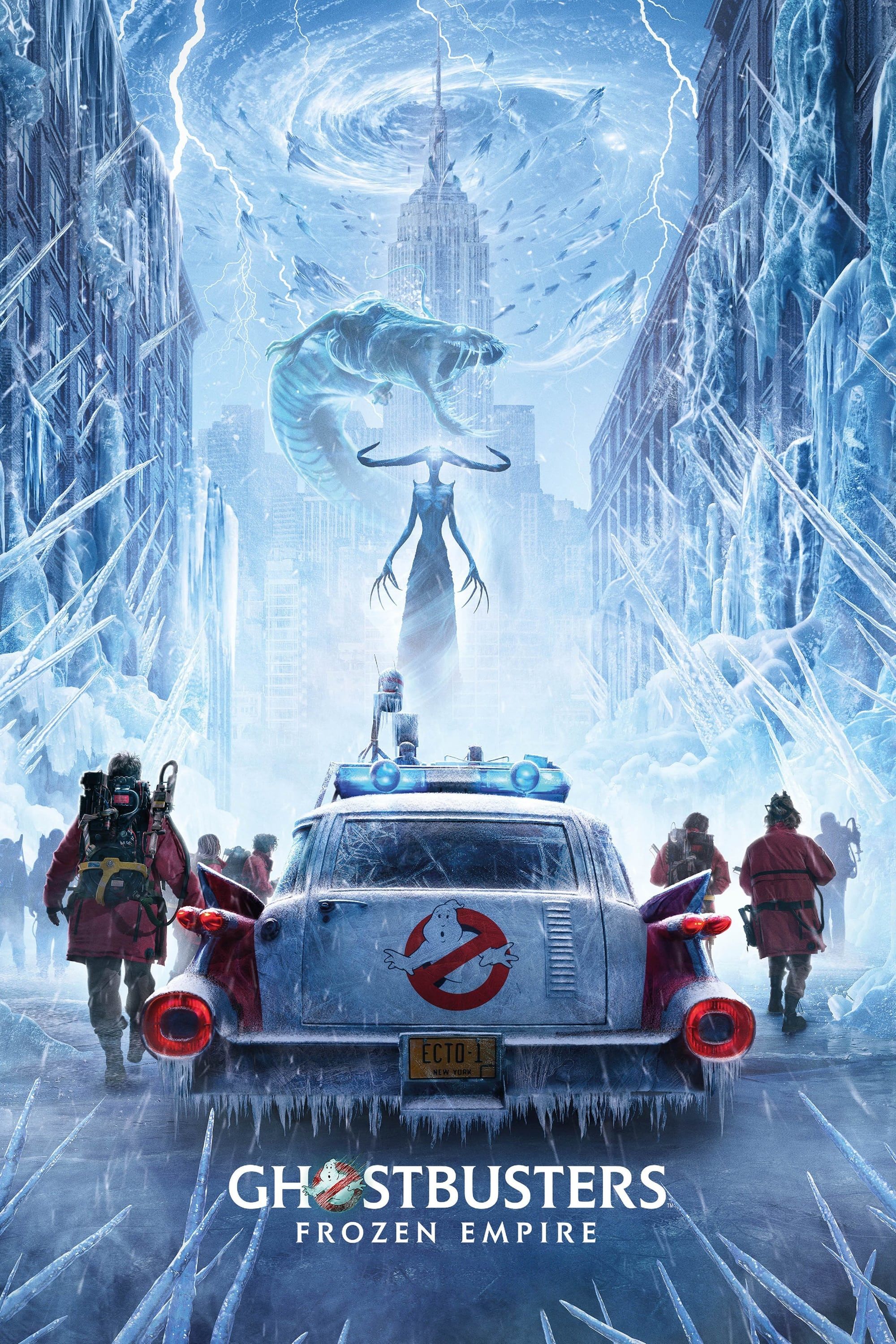 Ghostbusters Frozen Empire poster featuring the crew emerging from Ecto 1 and facing ice creatures in New York