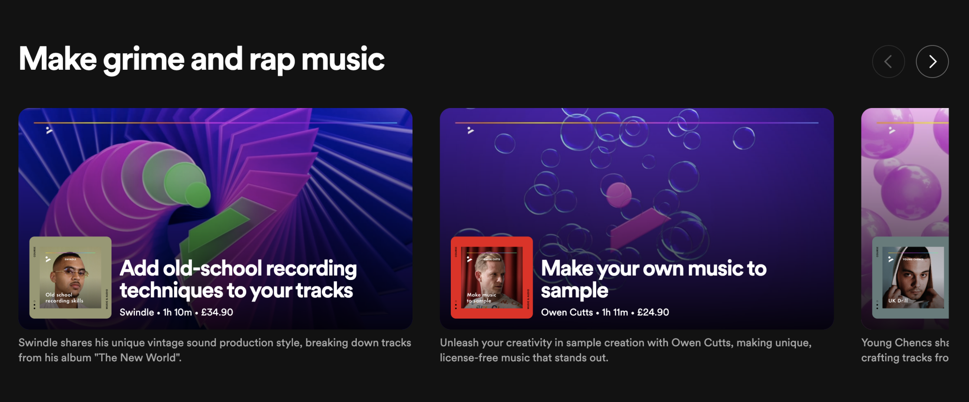 A screenshot of Spotify's courses for creating rap and grime music.