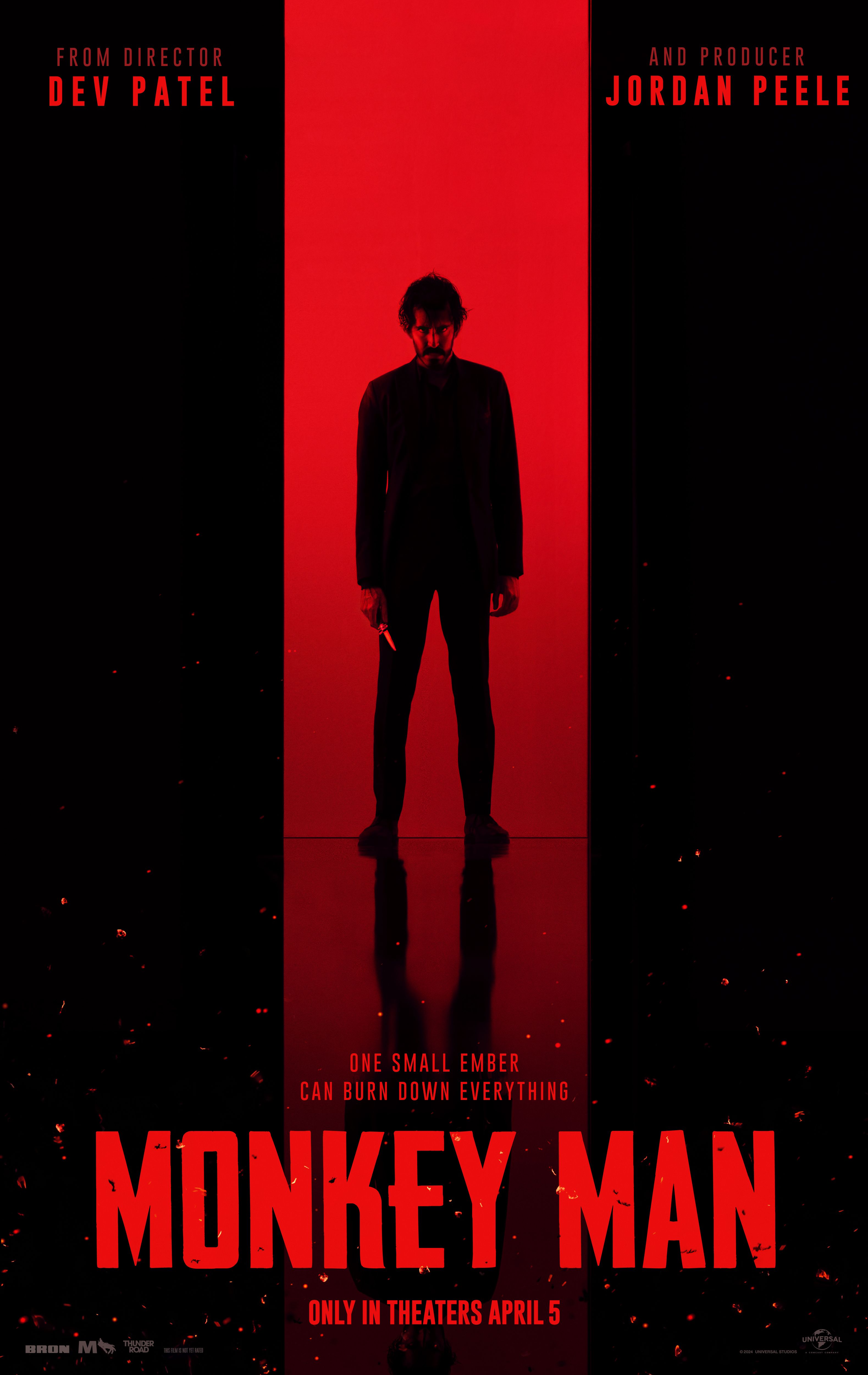 Monkey Man poster showing Dev Patel holding a knife in front of a black and red background