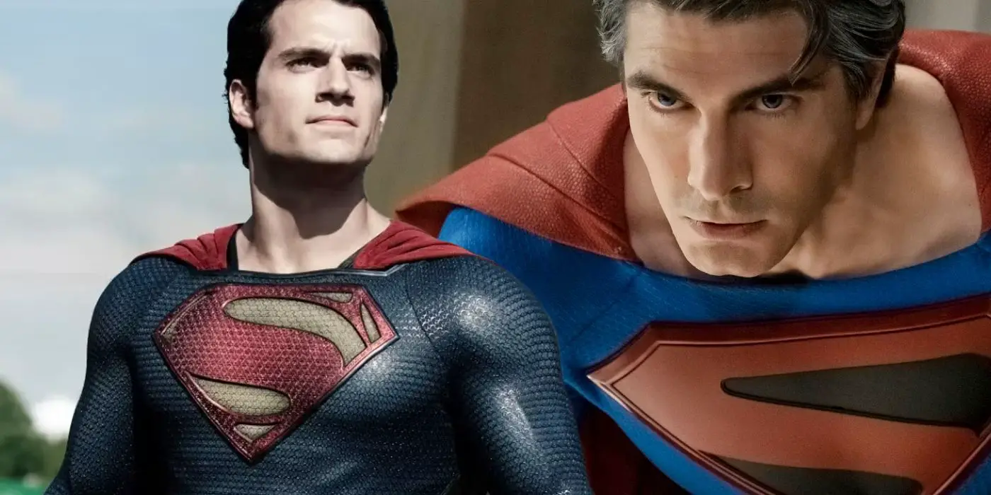 Shared image of Brandon Routh and Henry Cavill as Superman looking into the distance in Crisis on Infinite Earths and Man of Steel