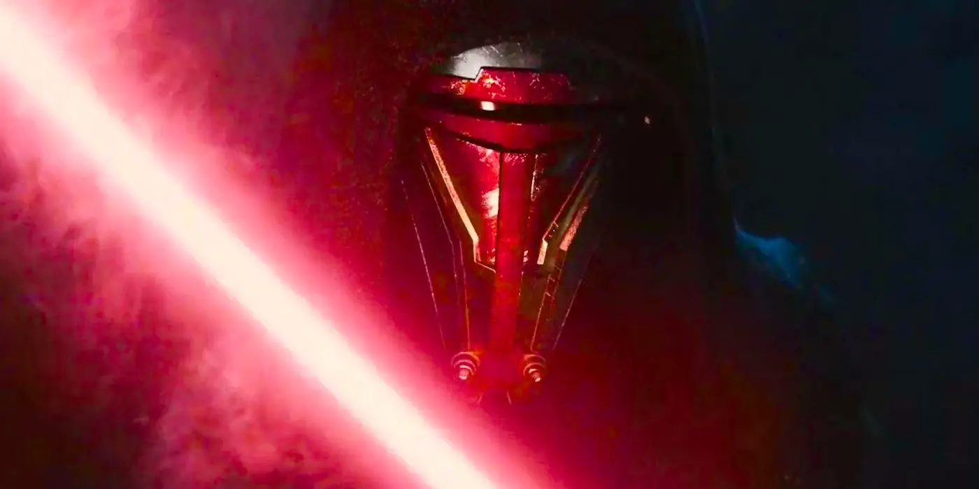 Star Wars image with Old Republic Darth Revan holding his red lightsaber in front of him.