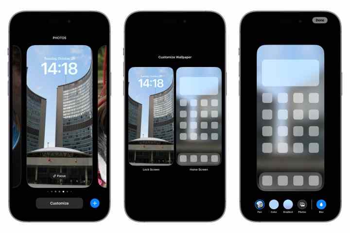 iOS 16.1'deki kilit ekranından ana ekran duvar kağıdını özelleştirme adımlarını gösteren üç iPhone.