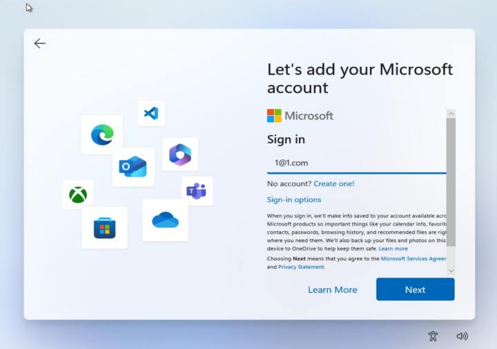 Windows 11'de Microsoft Hesabı ile oturum açma sayfasının ekran görüntüsü