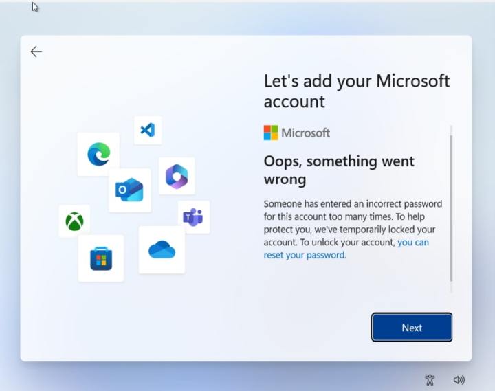 Windows 11'de Microsoft Hesabının ters gittiğini gösteren ekran görüntüsü