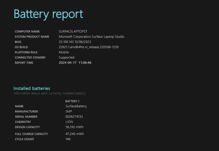 Windows 11'deki pil raporunun üst kısmının ekran görüntüsü