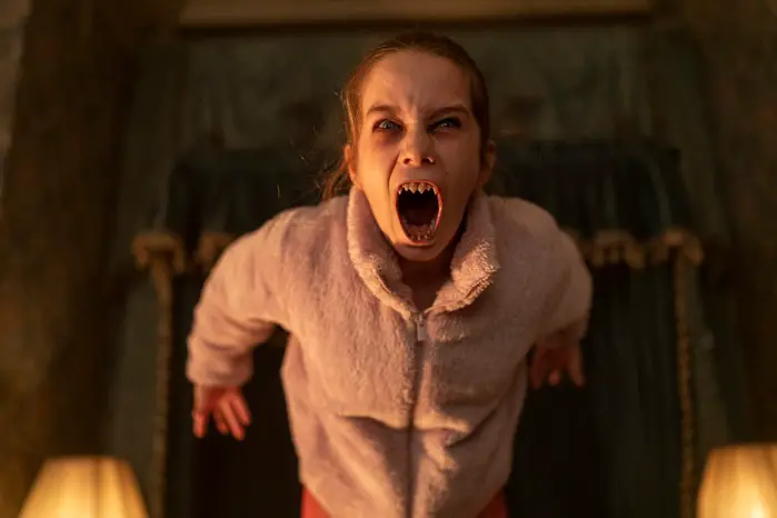 Alisha Weir as Abigail in Abigail Screaming with Vampire Teeth