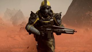 A Helldiver wears the yellow and black CE-27 Ground Breaker armor and runs toward the camera across a desert planet.