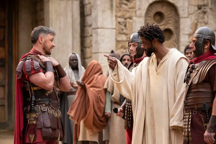 James McAvoy as Pontius Pilate and LaKeith Stanfield as Clarence in The Book of Clarence, with robed Clarence showing Pilate, who wears Roman military uniform.
