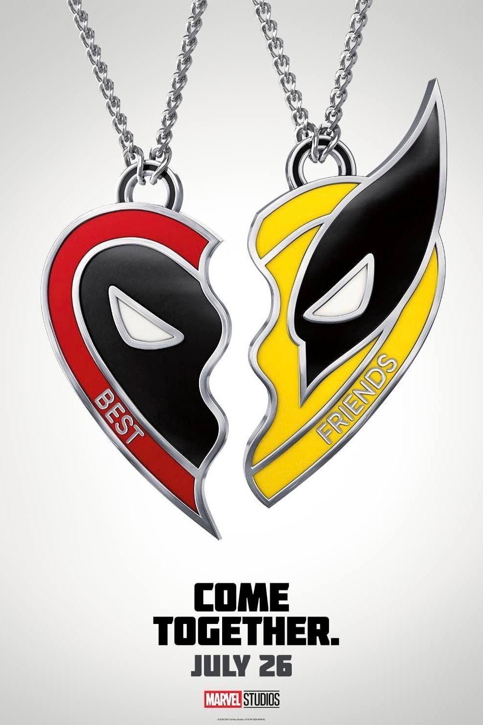 Deadpool 3 poster showing two halves of a heart necklace featuring Wolverine and Deadpool