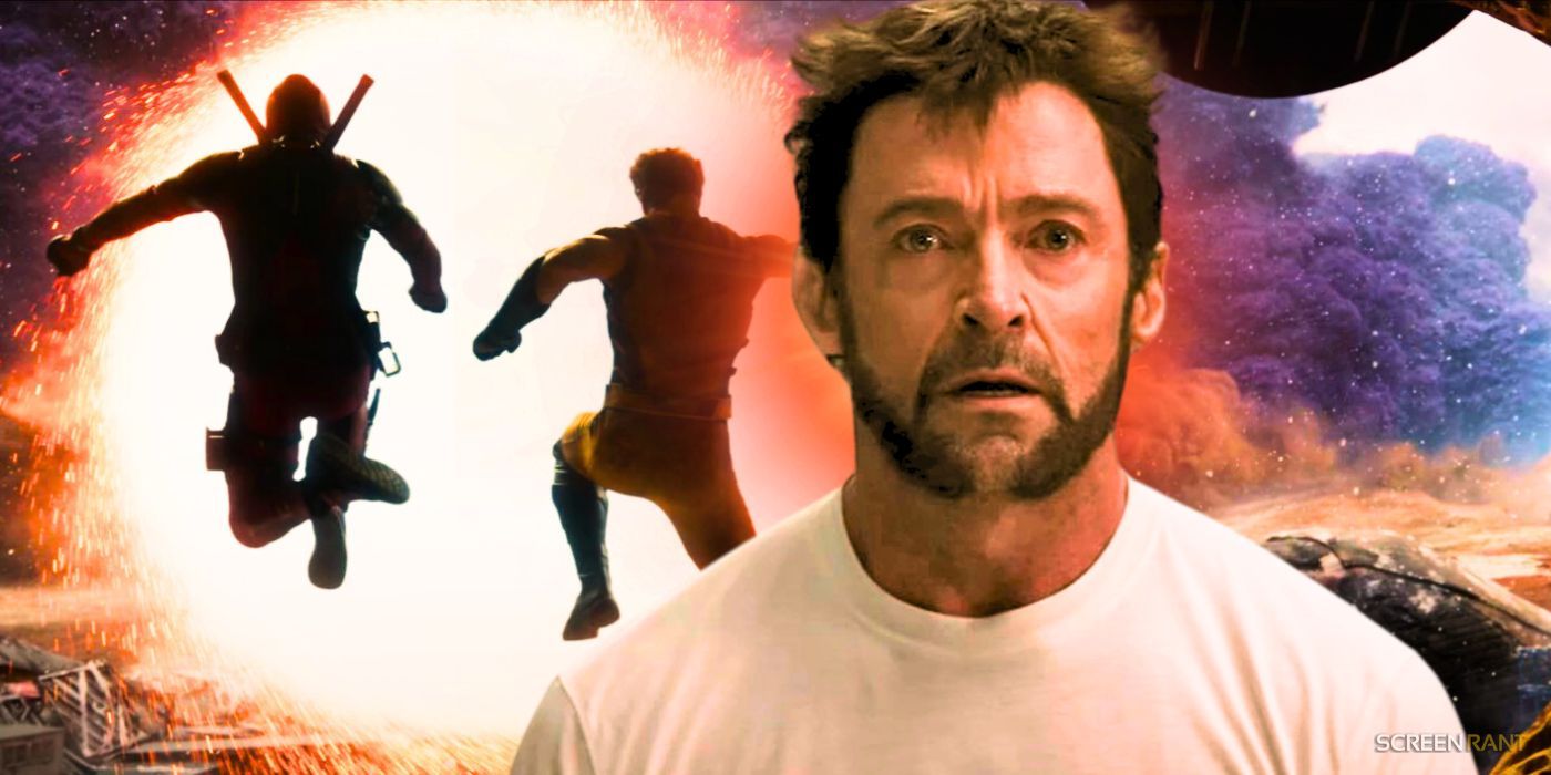 Deadpool and Wolverine jumping through a portal and Hugh Jackman's Logan staring in disbelief in the Deadpool & Wolverine trailer