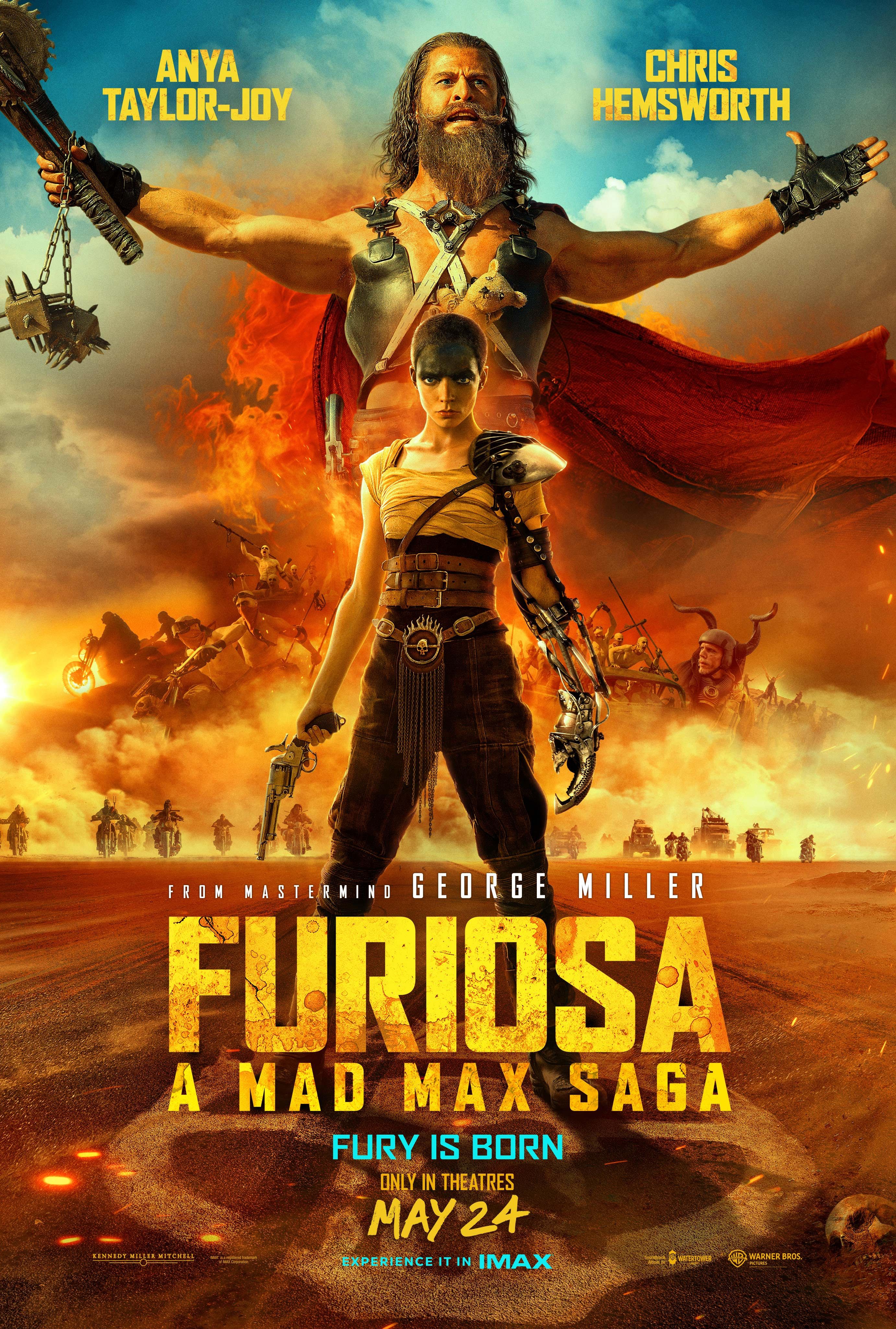 Furiosa A Mad Max Saga poster showing Anya Taylor Joy as Furiosa and Chris Hemsworth standing in front of a biker gang