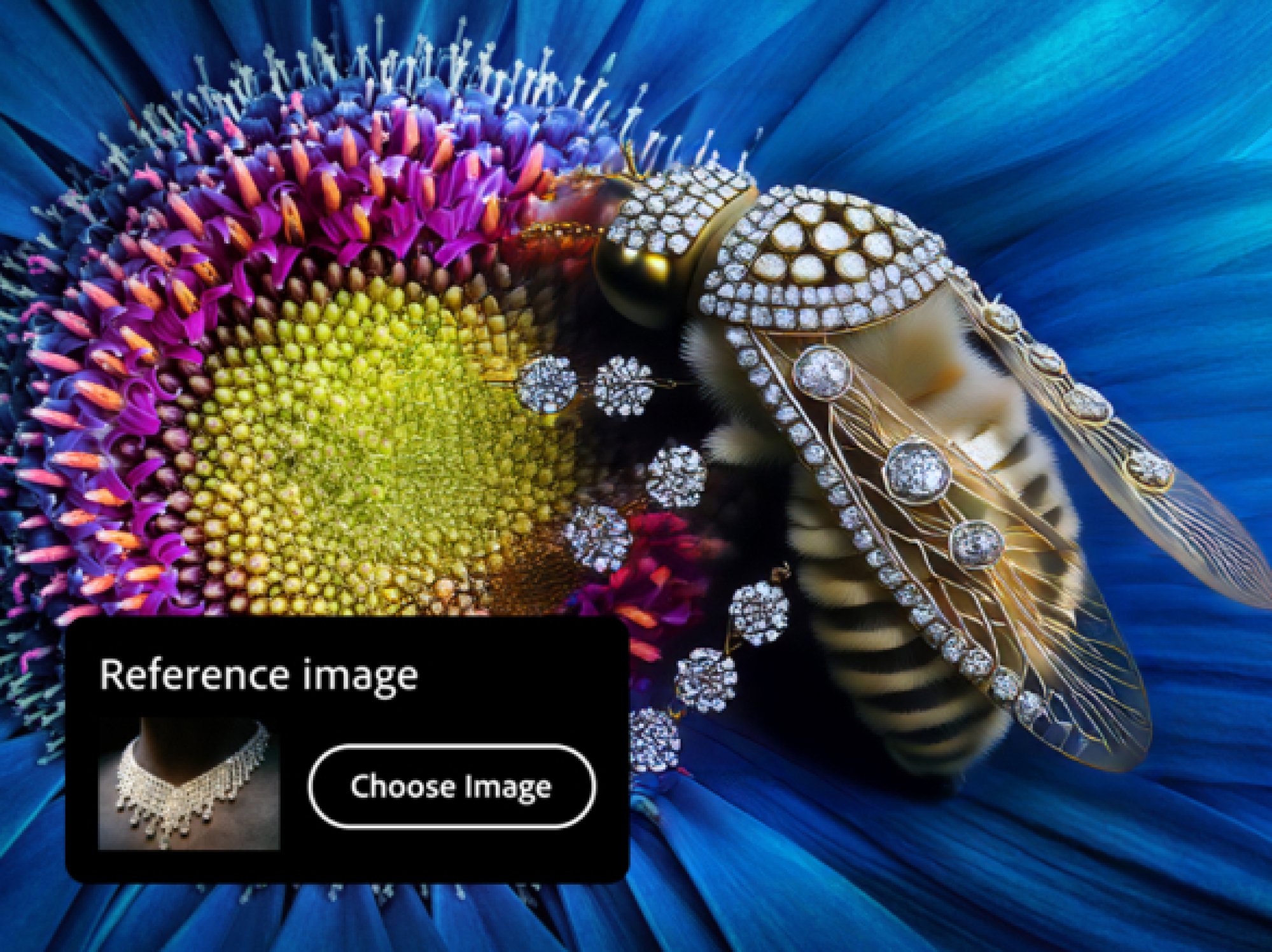 Bir çiçeğin üzerine elmaslarla kaplanmış bir arı ve elmas kolyenin referans görüntüsü