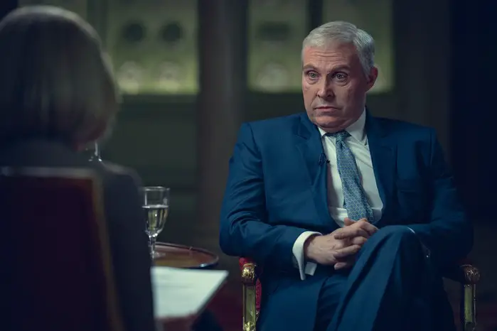 Prince Andrew (Rufus Sewell) sits opposite Emily Maitlis (Gillian Anderson) in Scoop