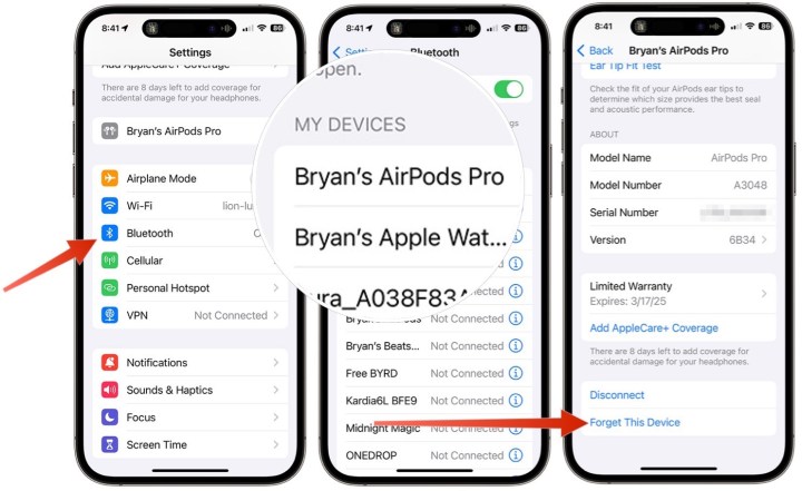 AirPod'larınızın iPhone'unuzla bağlantısını nasıl keseceğinizi gösteren ekran görüntüleri.