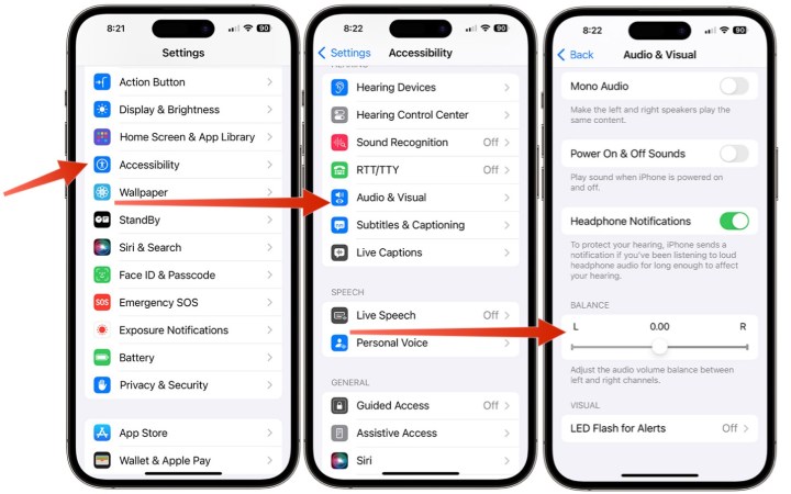 iPhone'unuzda stereo dengesini ayarlama adımlarını gösteren ekran görüntüleri.