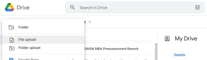 Google Drive'daki Dosya Yükleme seçeneği.