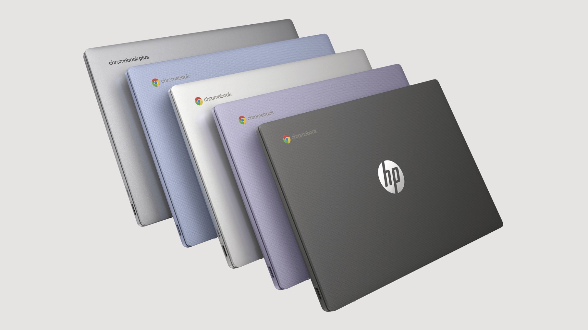 five different colors of the HP 14-inch Chromebook lined up on a light gray background