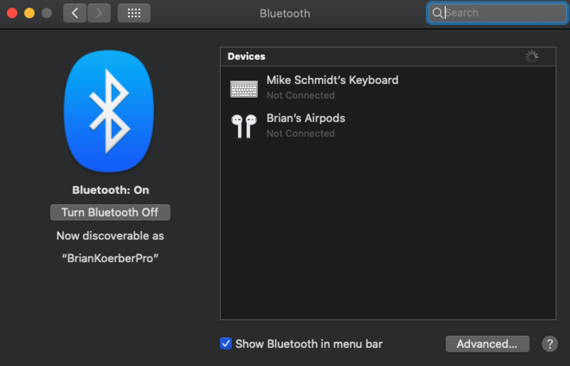 Screenshot of a Mac's Bluetooth preferences window.