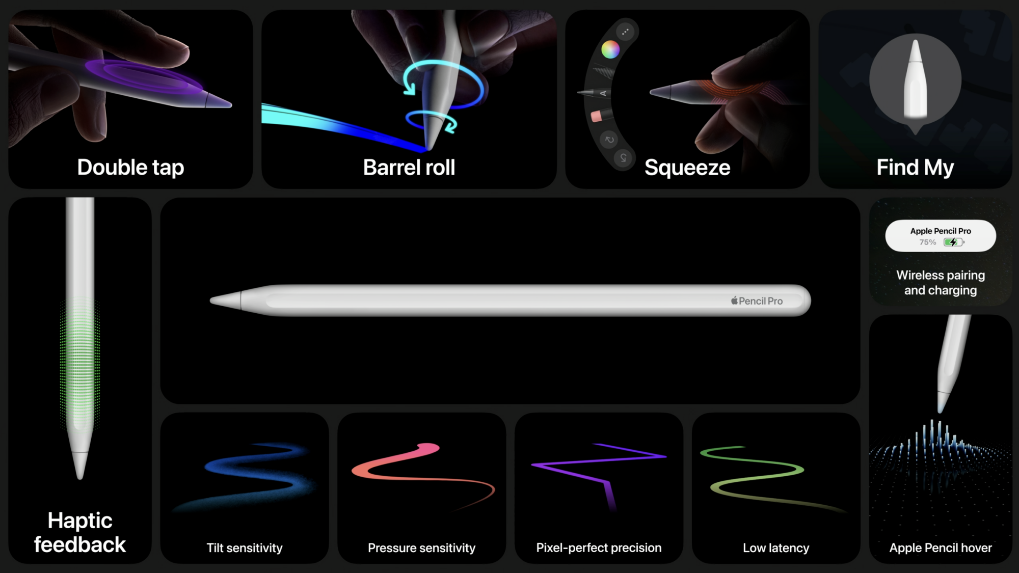 Black screen with Apple Pencil in the middle and examples of several new Apple Pencil authoring features along the border