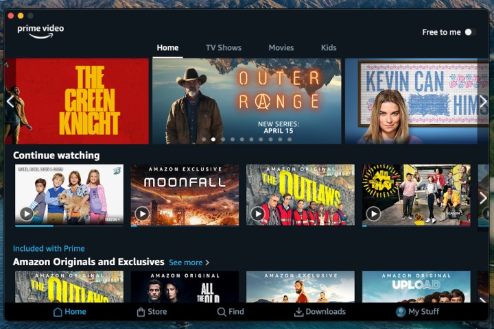 Amazon Prime Video Mac uygulaması Ana ekran seçimi.