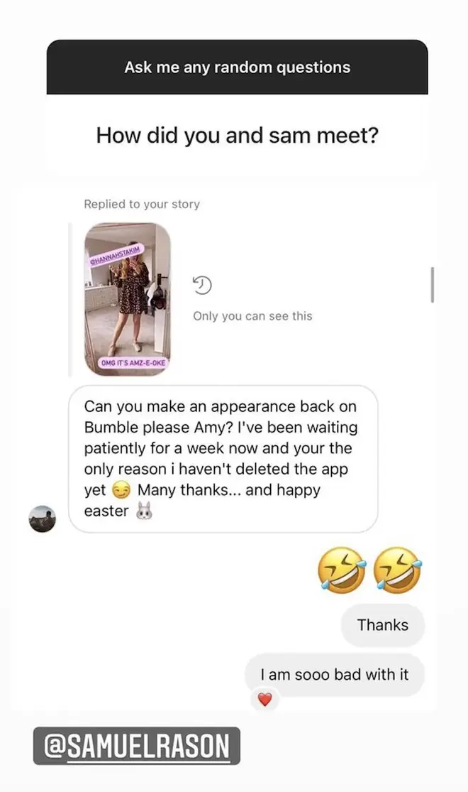 Amy Hart shared screenshots of her first conversation with her now fiancé on her Instagram