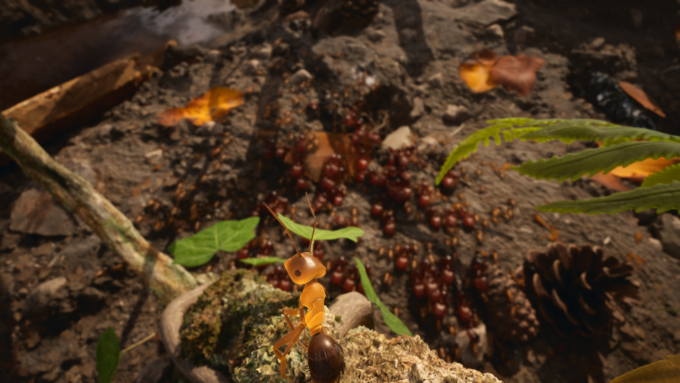 RTS Empire of the Ants'in oynanış ekran görüntüsü.  Bir karınca (altta, ortada, ön planda), aşağıda yürüyen bir koloniye bakan bir çıkıntının üzerinde duruyor.