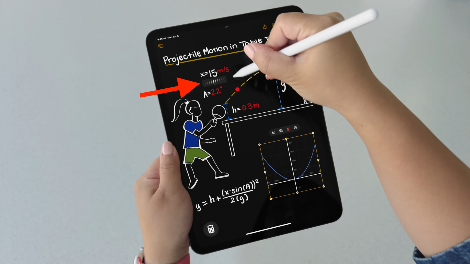 The red arrow shows the adjustment dial demonstration shown on iPad at WWDC 2024