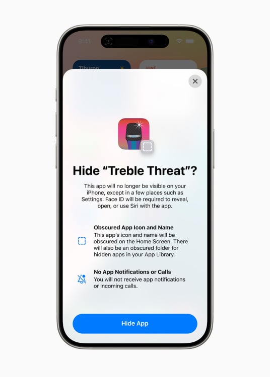An app window on iOS 18 showing the option to hide a called app "Triple threat" from the iPhone home screen