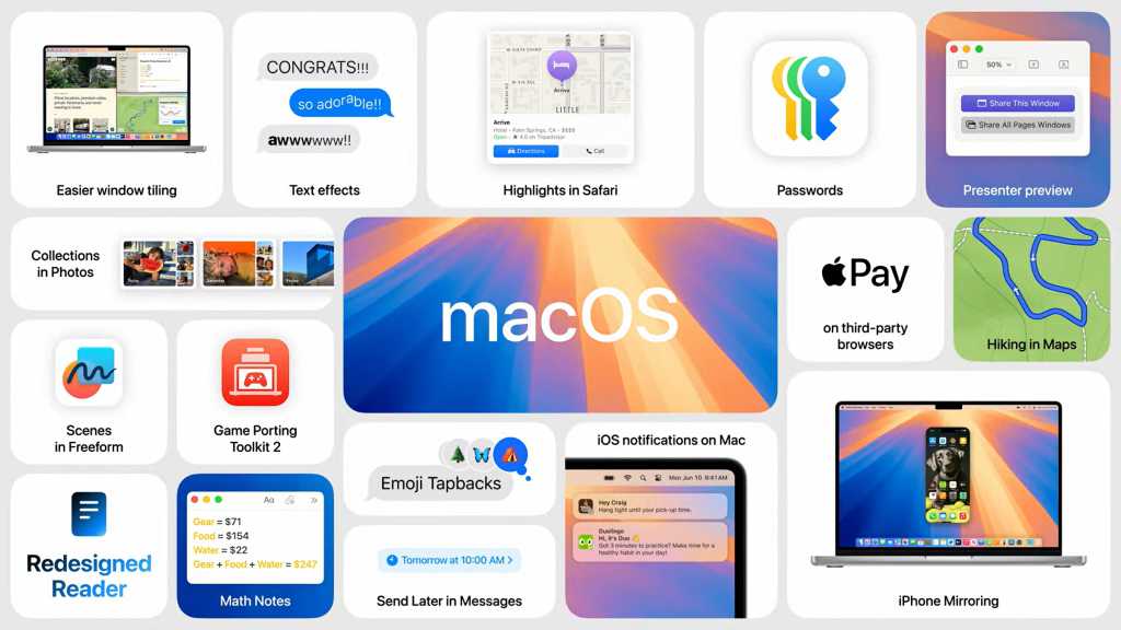 macOS Sequoia, iPhone Yansıtma, Döşemeli arayüz ve AI özelliklerini sunuyor