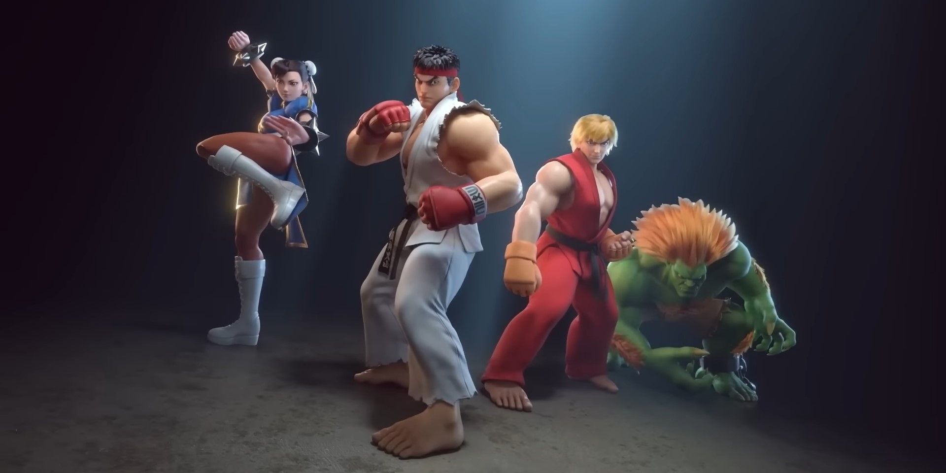 From left to right: Chun Li, Ryu, Ken and Blanka from Street Fighter Duel posing.