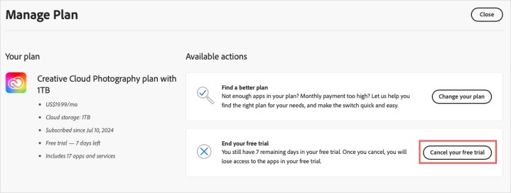 Adobe Manage Plan web sayfasından Planı İptal edin.