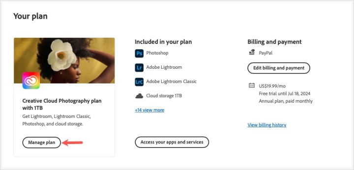 Adobe hesabı web sayfasında Planı Yönet'e tıklayın.