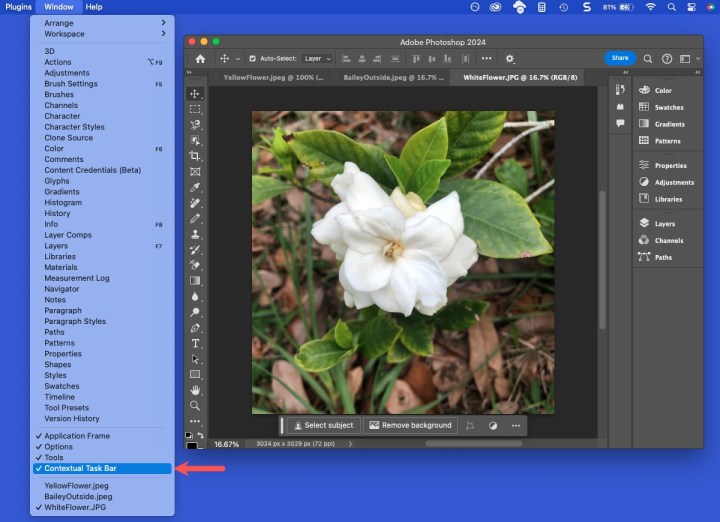 Photoshop Pencere menüsünde Bağlamsal Görev Çubuğu seçili.