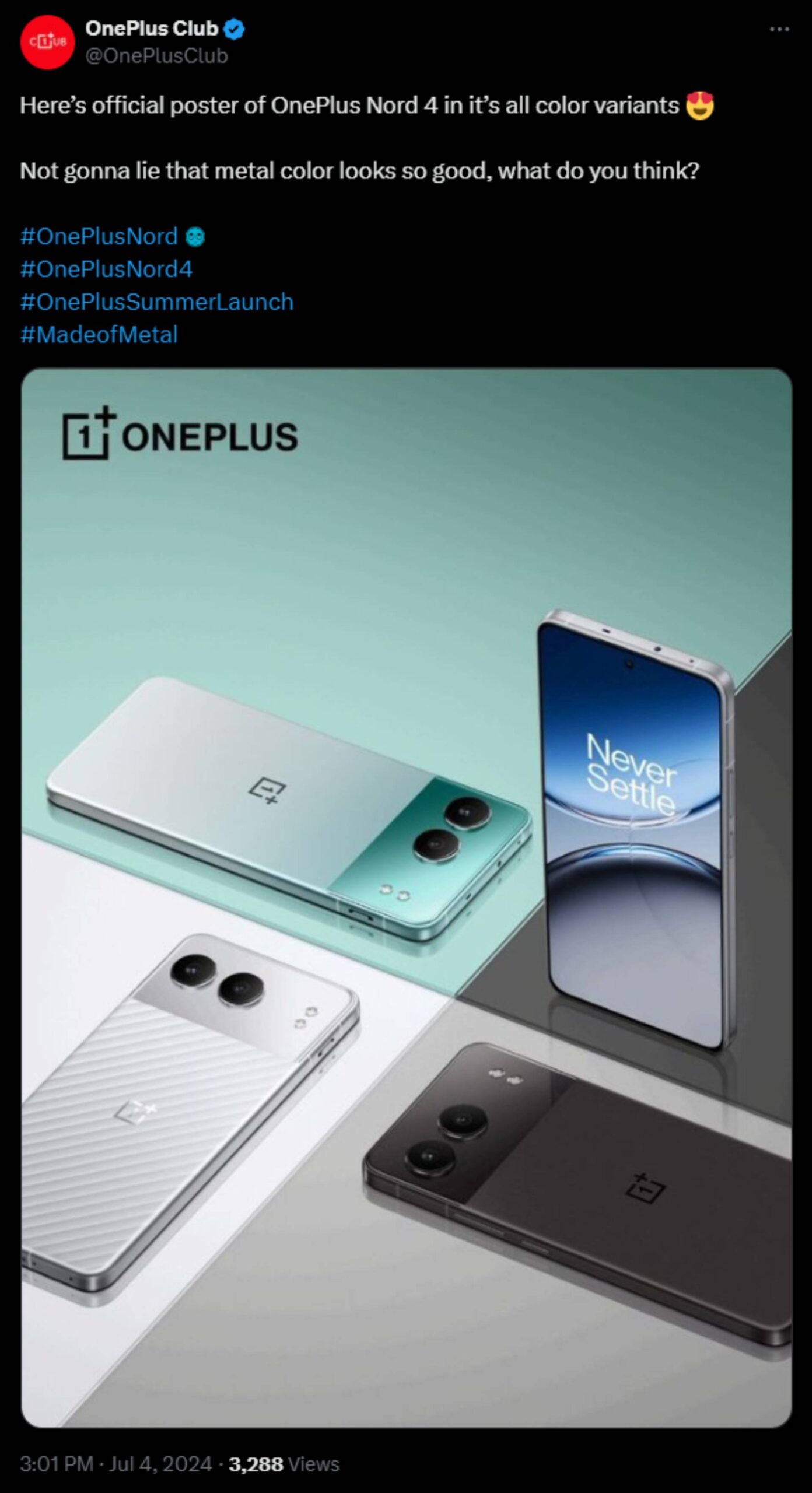 OnePlus Club'ın OnePlus Nord 4'ü tanıtan X gönderisinin ekran görüntüsü.