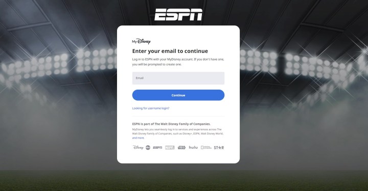 Tarayıcıda ESPN+ için giriş ekranı.