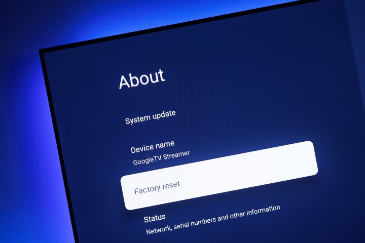 Google TV Streamer'daki fabrika ayarlarına sıfırlama ekranı.