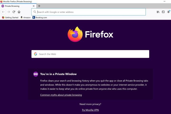 Firefox özel tarama modunda.