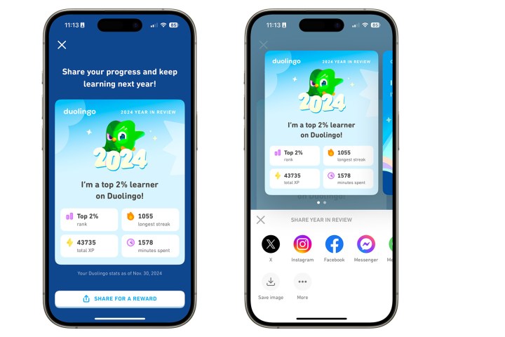 Duolingo Yılın İncelemesi sonuçlarının nasıl paylaşılacağını gösteren ekran görüntüleri.