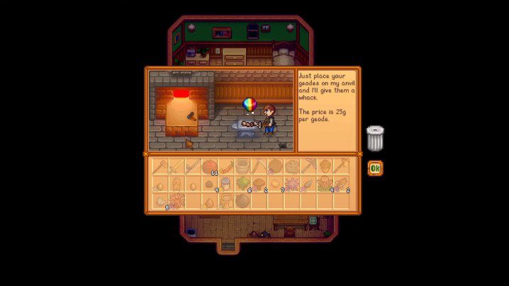 Stardew Vadisi'nde gökkuşağı parçası bulan bir demirci.