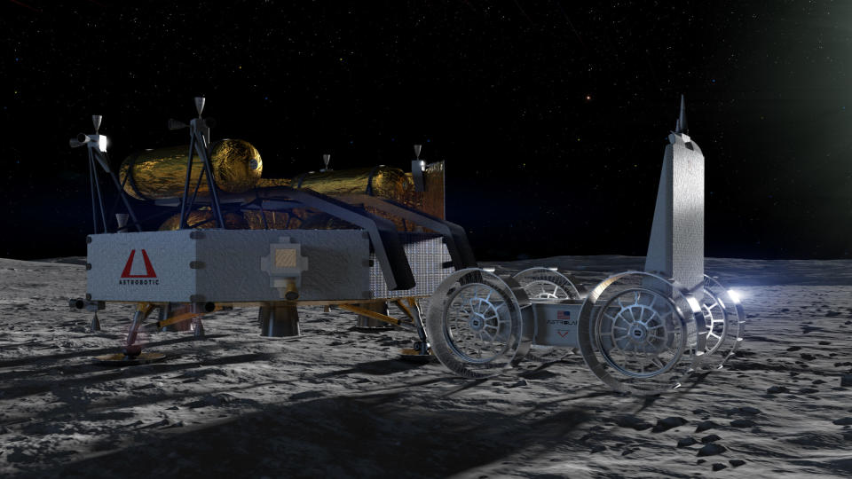 Bir sanatçının Astrobotic'in Griffin Lander ve Astrolab Rover'ı Ay'da Render